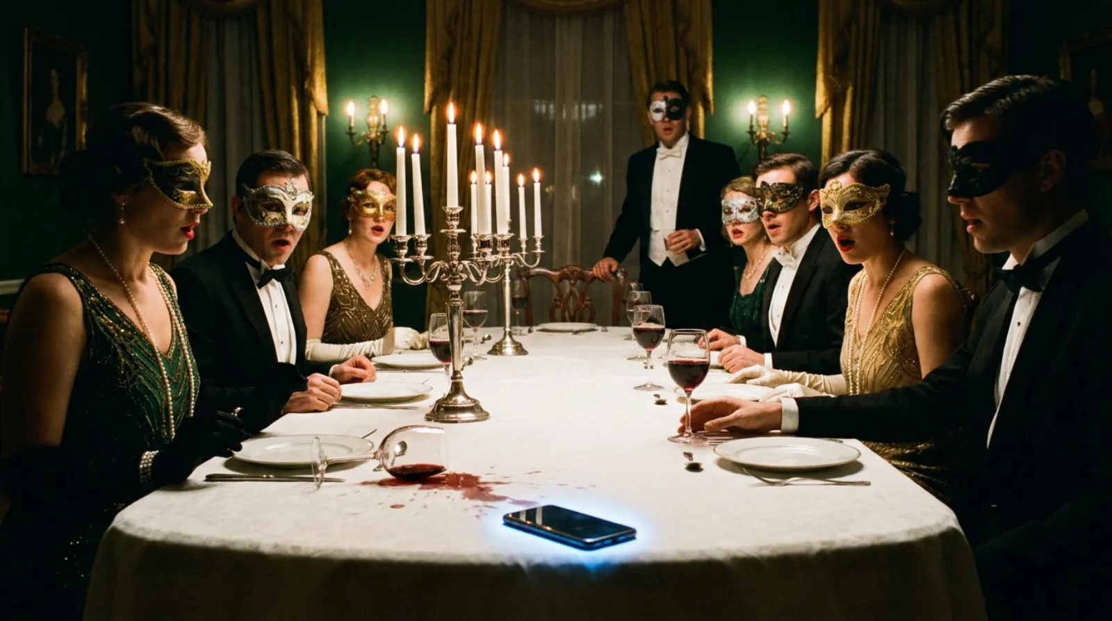A candlelit 1920s dinner party: masked guests in evening dress gasp at an empty chair, a glass of red wine spilled across the white tablecloth, and a phone glowing face-down on the table.