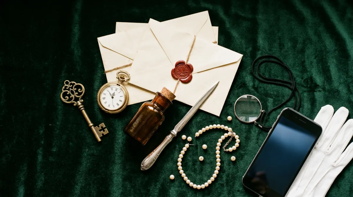Murder-mystery props on green velvet: wax-sealed envelopes, a brass skeleton key, a stopped pocket watch, an amber bottle, a silver letter opener, a broken pearl necklace, a monocle, a phone and a white glove.